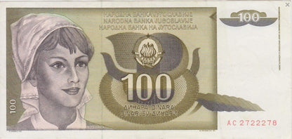 Jugosławia 100 dinarów Kobieta 1991 P-108a